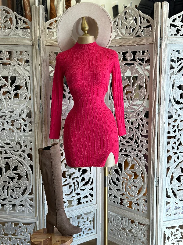 Fluorescent Pink Sweater Mock Neck Mini Dress Sweater Knitwear Pullover