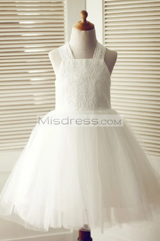 Princess Backless Ivory Lace Tulle Wedding Flower Girl Dress, Big Bow