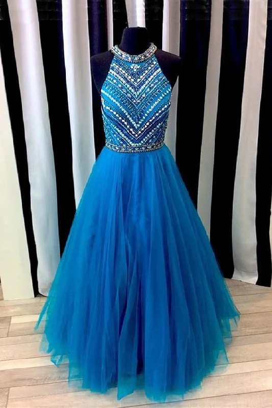 blue tulle long beaded evening dress, senior prom dresses cg5565