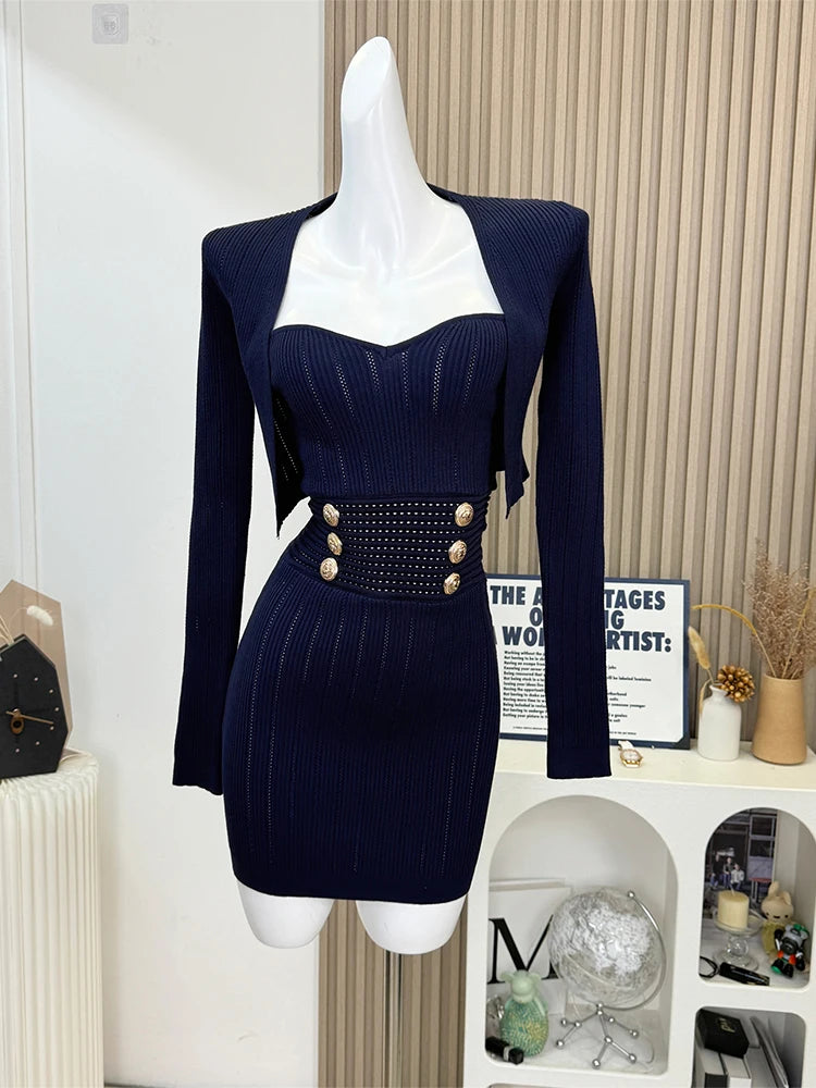Women's Navy Two Piece Set Suit Long Sleeve Sweater and Luxury Dress Vintage Y2k Elegant Fashion Party Club Dress Sets Clothes Seamless Knitted Crochet