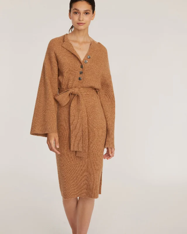 Arie Ribbed Cashmere Blend Henley Midi Sweater Dress in Camel Houndstooth Herringbone Solid