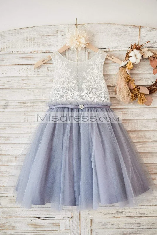 Ivory Lace Dusty Blue Tulle Sheer Back Wedding Flower Girl Dress, Belt