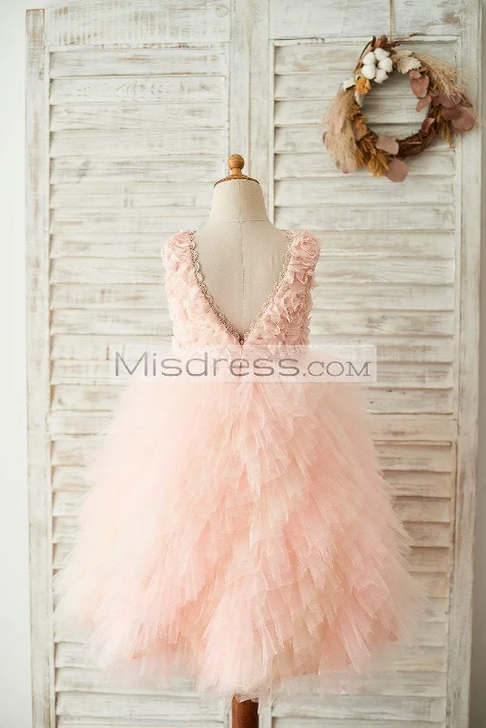 Princess Peach Rosette Tulle Ruffles V Back Wedding Flower Girl Dress