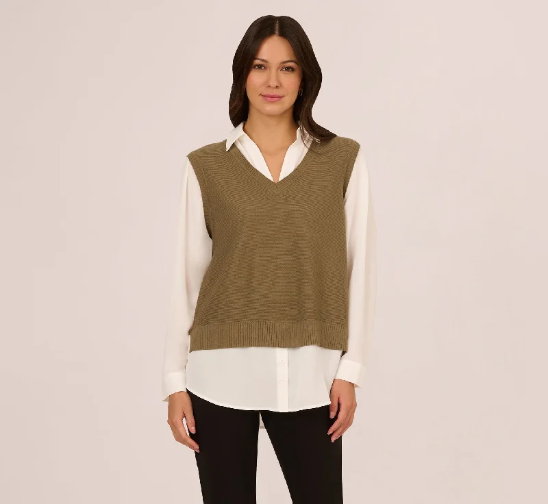 Sweater Vest Collared Twofer Shirt In Smokey Olive Ivory Machine Wash Dry Clean Hand Wash