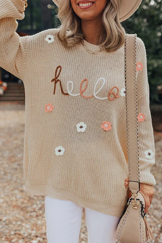 Hello Floral Embroidered Knit Loose Sweater Stretchy Elastic Breathable