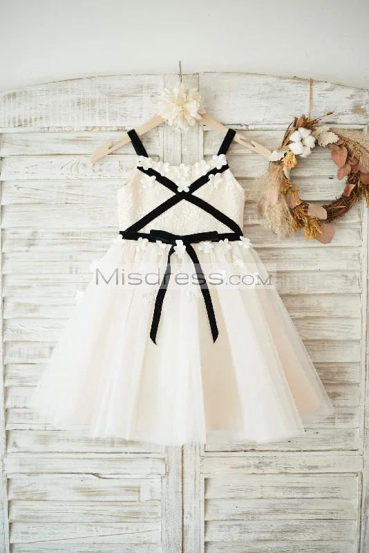 Ivory Lace Champagne Tulle Straps Wedding Flower Girl Dress, Belt/Flowers