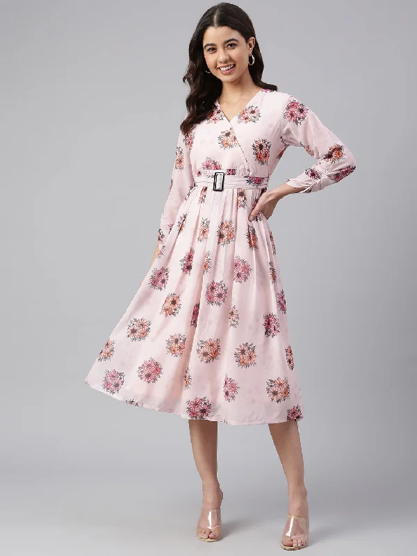 Janasya Women's Peach Georgette Floral Printed Flared Western Dress