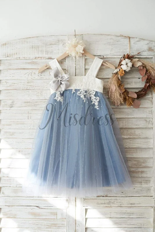 Boho Beach Dusty Gray Tulle Beaded Lace Wedding Flower Girl Dress