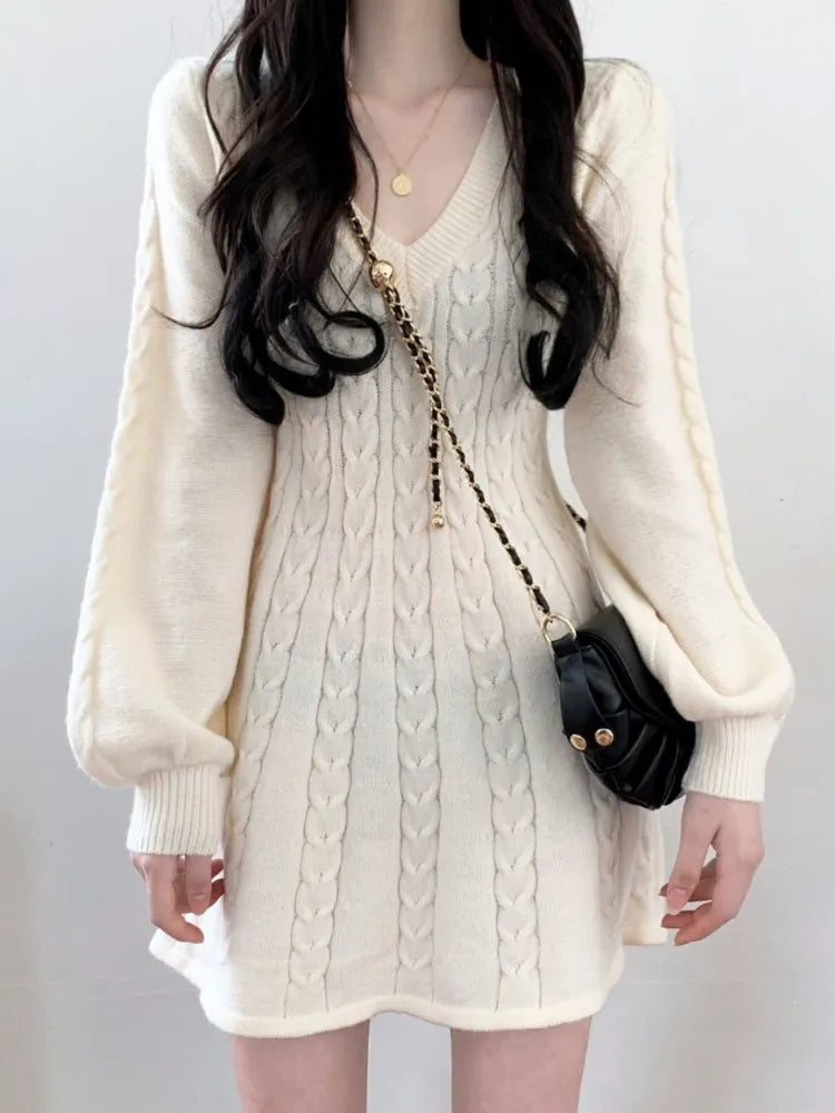 Knit Knitted Sweater Mini Dress Women Casual Lantern Sleeve Short Dresses 2023 Autumn Winter V-neck Outfits Female Terry Terry Cloth Terry Knit