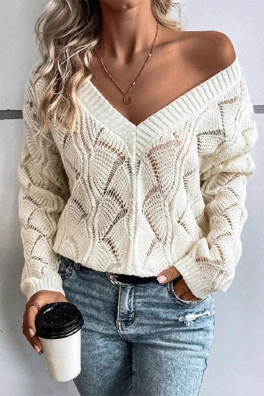 Hollow Out Knit V Neck Drop Shoulder Sweater Slim Fit Regular Fit Oversized