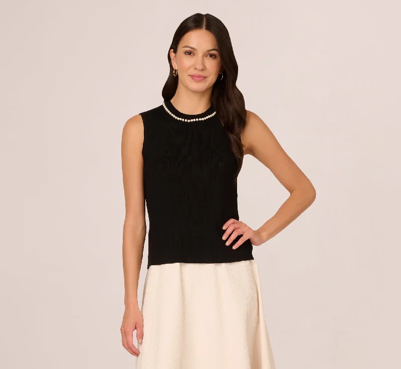 Sleeveless Pearl Neck Sweater In Black Neon Metallic Matte