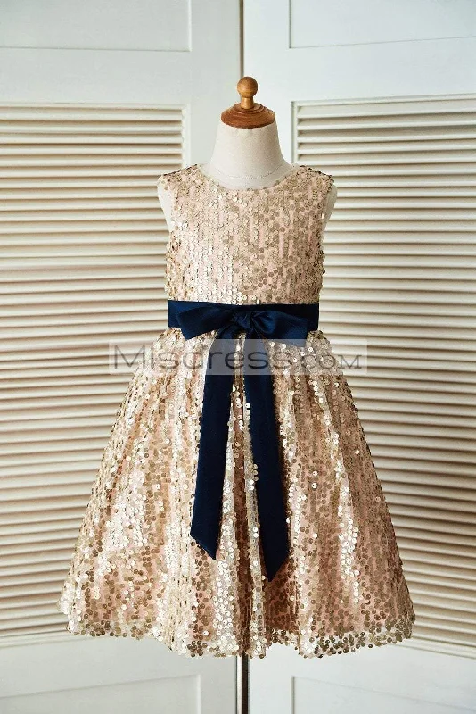 A-line Champagne Gold Sequin Wedding Flower Girl Dress, Navy Blue Belt