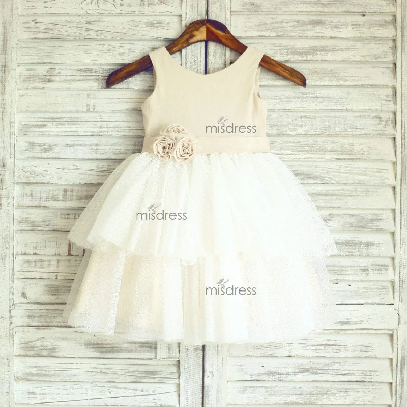 Vintage Champagne Linen Polk Dot Tulle Cupcake Flower Girl Dress