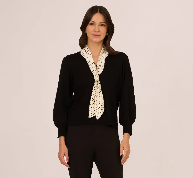 Three Quarter Sleeve Combo Scarf Sweater In Black Champagne Blush Lightweight Heavyweight Midweight