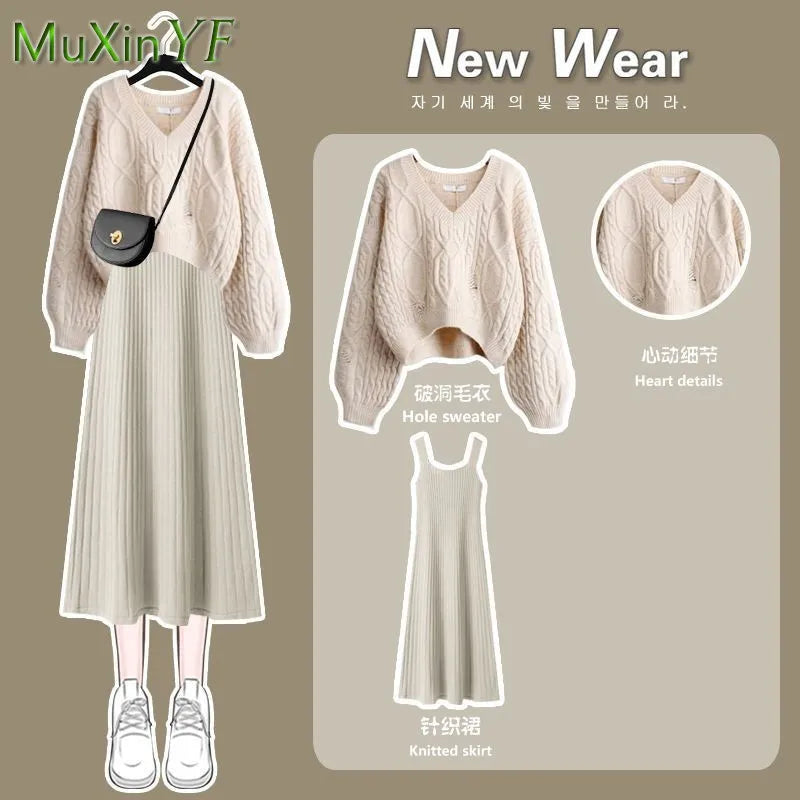 Women's 2023 Autumn Winter New Fashion V-Neck Sweater Knitted Dress Two Piece Korean Elegant Top Skirt Matching Set Female Suit Mesh Blend Leather Blend Suede Blend