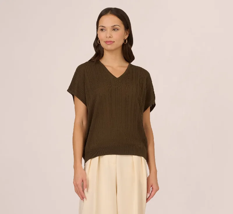 Short Sleeve Lightweight Rib Knit Sweater Top In Chocolate Walnut Handmade Hand-knitted Hand-woven