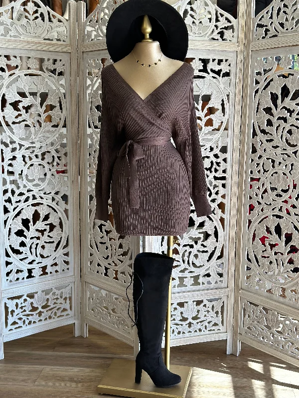 Coco Brown Wrapped Sweater Dress with Belt Faux Fur Fabric Real Fur Fabric Shearling Fabric