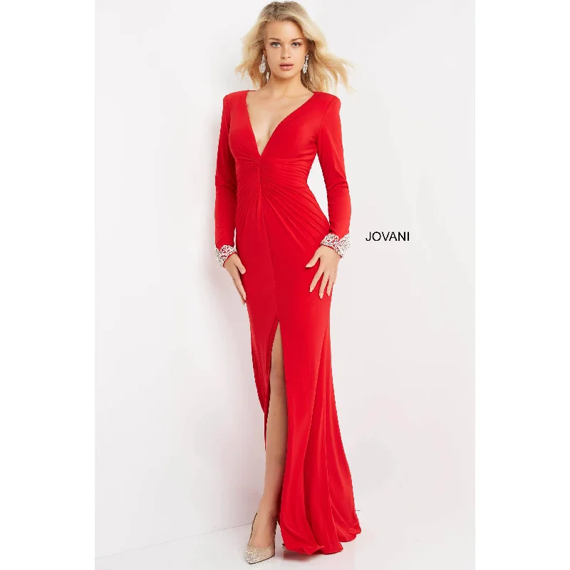Jovani Red Plunging Neck Long Sleeve Prom Dress 07320