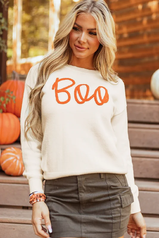 Boo Knitted Pattern Ribbed Edge Drop Shoulder Sweater Casual Formal Business