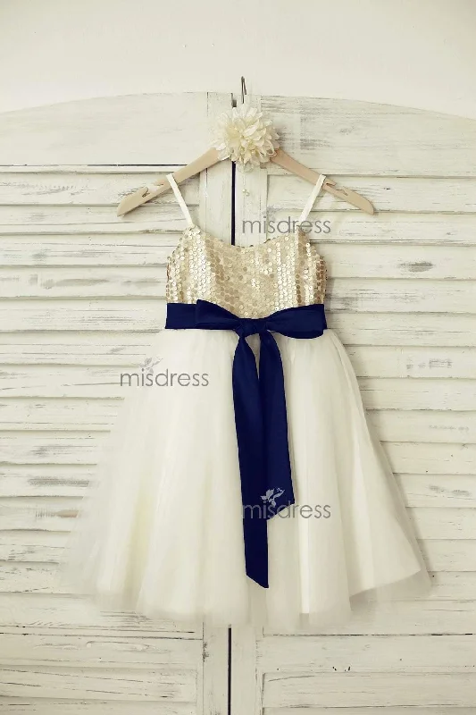 Thin Straps Champagne Sequin Tulle Flower Girl Dress, Navy Belt