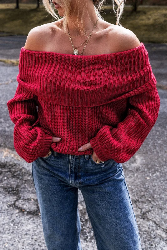 Racing Red Off-the-shoulder Knit Sweater Boat Neck Shawl Collar Notched Collar