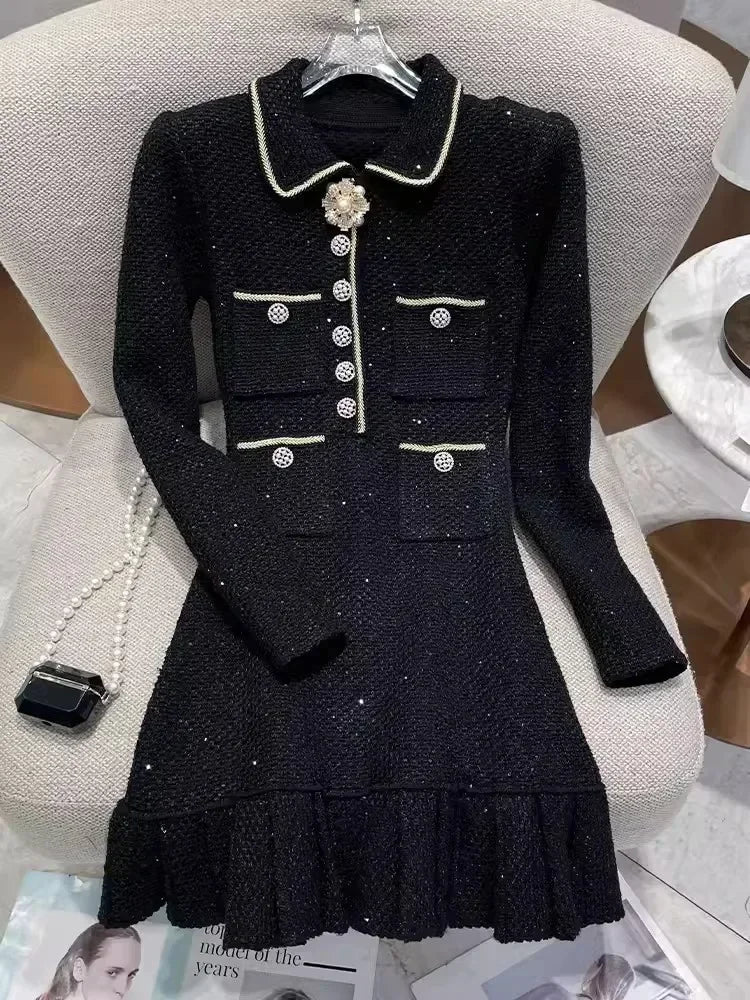 GETADME Autumn Winter Small Fragrant Beige Black Diamonds Buttons Wool Knitted Dress Women Long Sleeve Pearls Sweater Short Vestidos New Mesh Fabric Canvas Fabric Denim Fabric