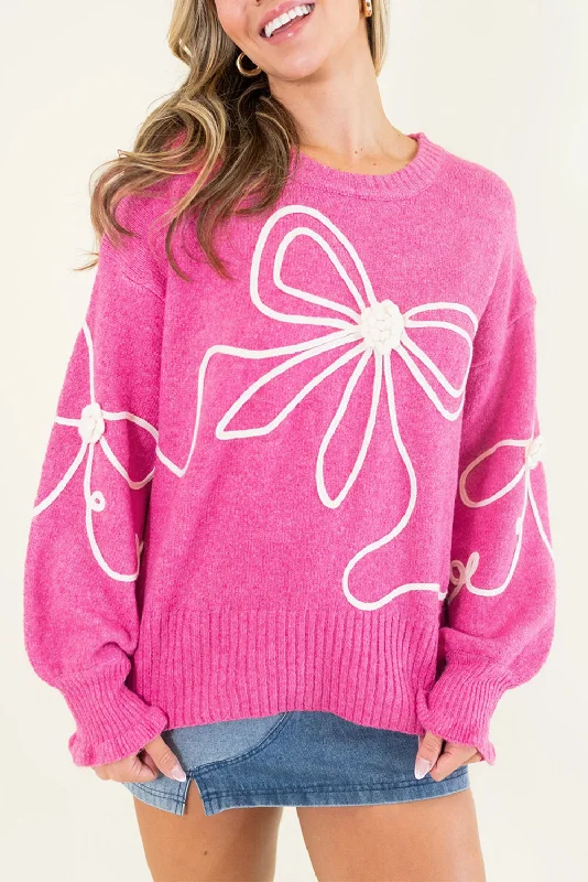 Corded Flower Bow Ribbed Trim Casual Sweater Elegant Classic Vintage