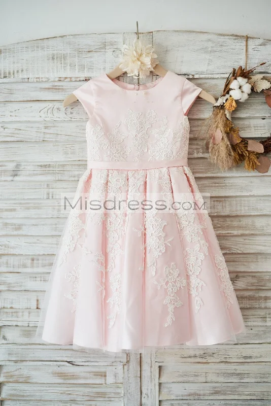 A-line Pink Satin Ivory Lace Cap Sleeves Wedding Flower Girl Dress, Belt