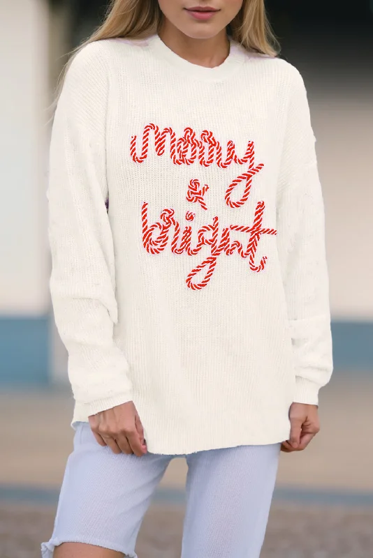 Merry Bright Letter Christmas Sweater Cable Knit Ribbed Knit Lace Knit
