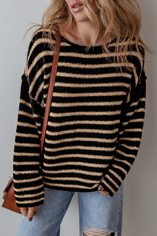 Stripe Drop Shoulder Round Neck Loose Sweater Houndstooth Herringbone Solid