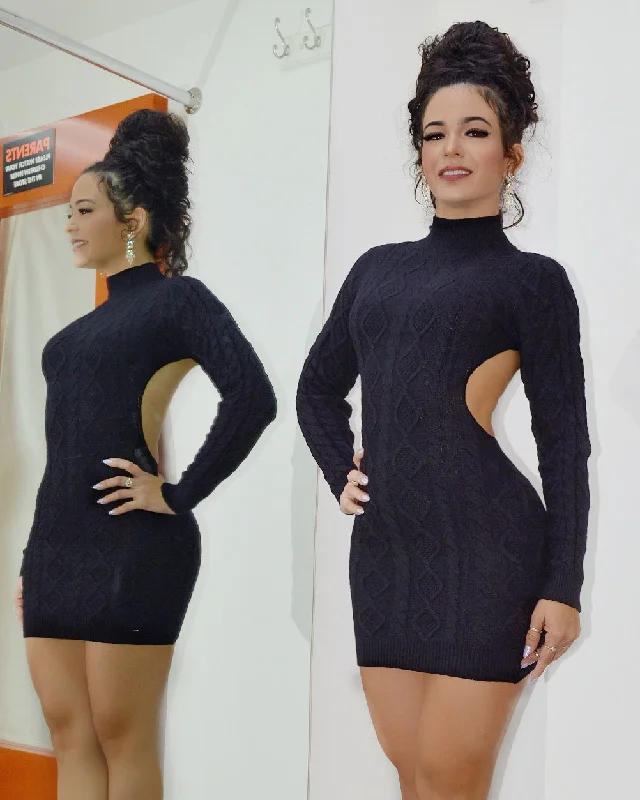 My True Complement  Open Back Sweater Dress Black Handmade Hand-knitted Hand-woven