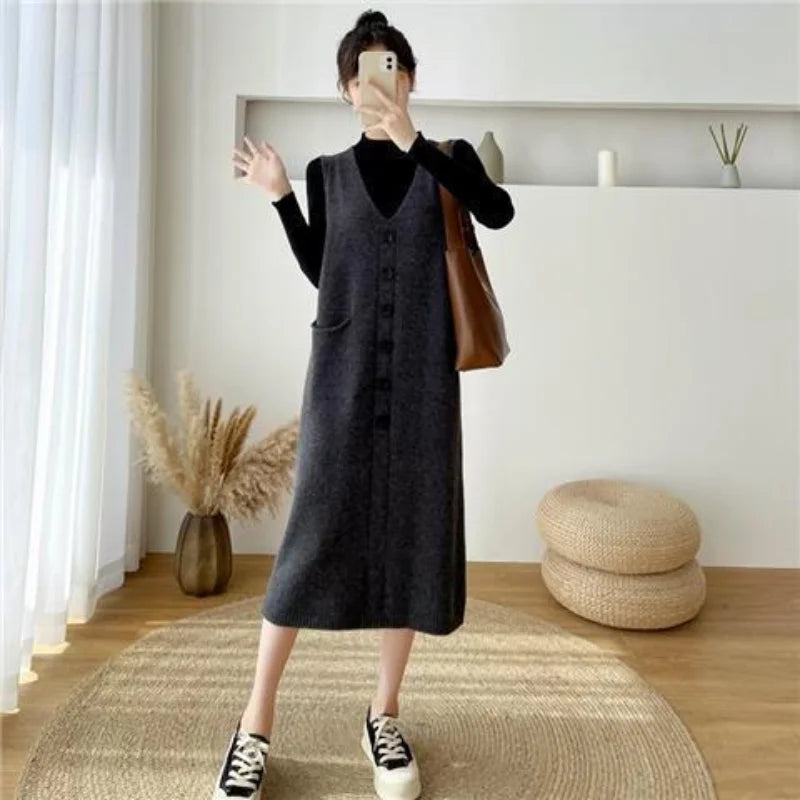 Znbbw length knitted vest skirt new loose and V-neck sweater 2024 Spring and Autumn Sweater Women Tank Top Dress Vest Female Tops Herringbone Houndstooth Plaid