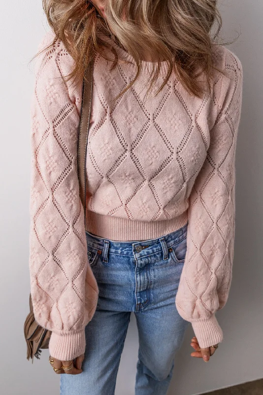 Openwork Plaid Puff Sleeve Cropped Sweater Velvet Chenille Corduroy