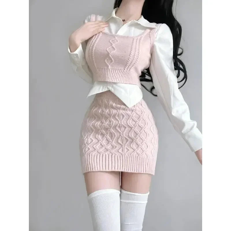 Getadme Autumn Elegant Vintage Knitted Suits Women Even Party Clothing Korean 3 Piece Dress Set Office Lady Sweater Vest + Mini Skirt Long Sweater Short Sweater Cropped Sweater