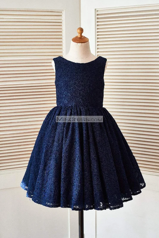 Deep V Back Navy Blue Lace Sleeveless Wedding Flower Girl Dress, Flower