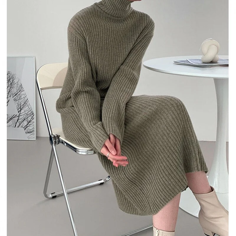 Getadme-Chic Vintage Knitted Dress Women Turtleneck Autumn Winter Thicken Soft Long Sweater Dresses Women Clothing Korean Knitwear Layered Multi-layer Single Layer