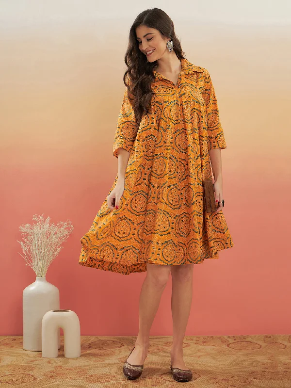 InWeave Women's Haldi Yellow Mughal Kalamkari Flared Dress