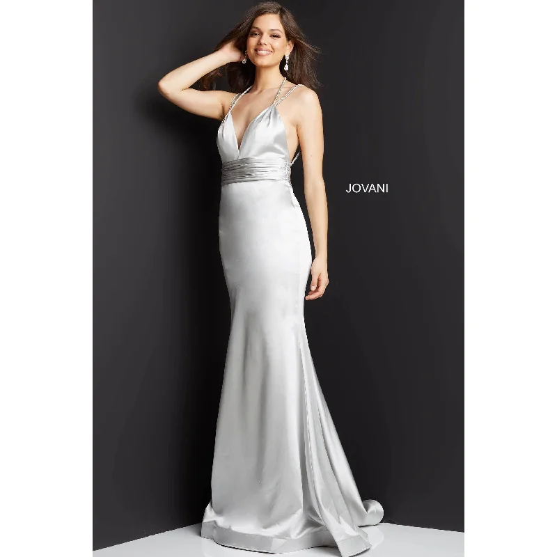 Jovani Grey Satin Sheath V Neck Prom Dress 3116