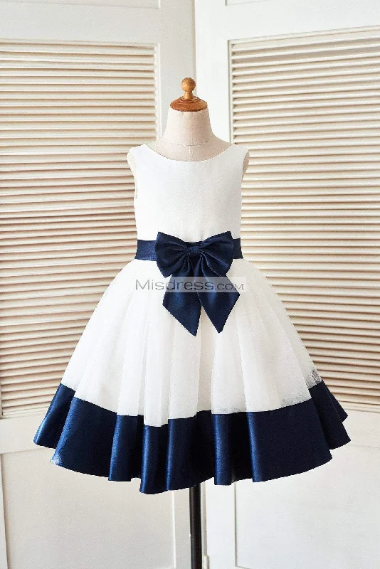 Princess Ivory Satin Tulle Flower Girl Dress, Navy Blue Belt\Bow