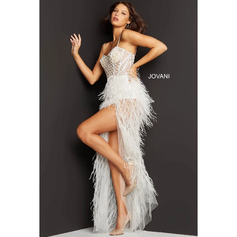 Jovani 07591 Off White Feather Embellished Prom Dress 07591