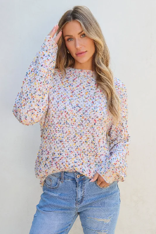 Confetti Knit Popcorn Sweater Top Houndstooth Herringbone Solid