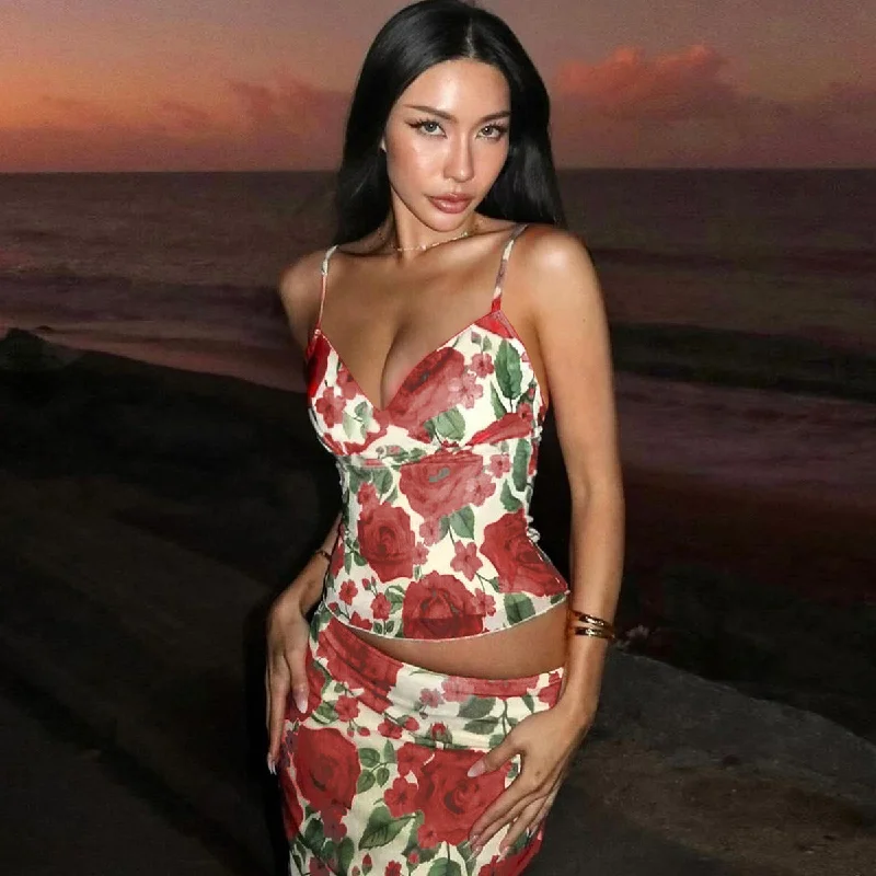 Pphmm outfit inspo Autumn New Fashion Style Floral Print V-neck Small Strap Sheath Close-Fitting Dress for Women Suit