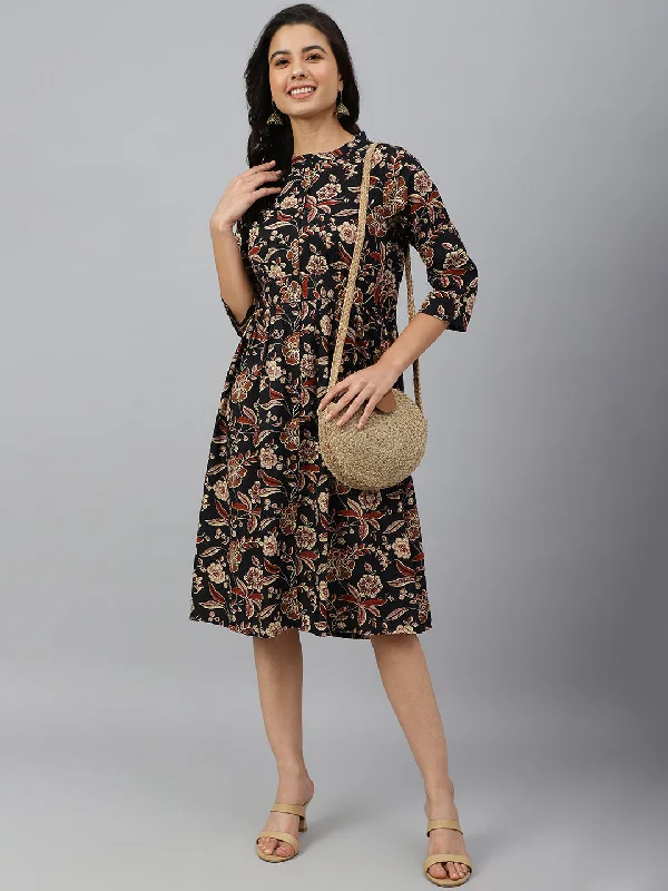 Janasya Women's Black Cotton Floral Printed Flared Western Dress