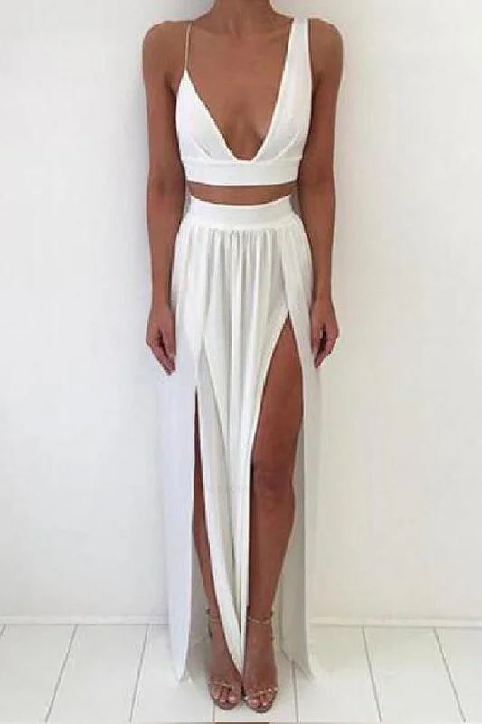 Cheap Fashion 2 Pieces V Neck Front Split White Cheap Prom Dresses Evening Dress Party Gowns cg5443