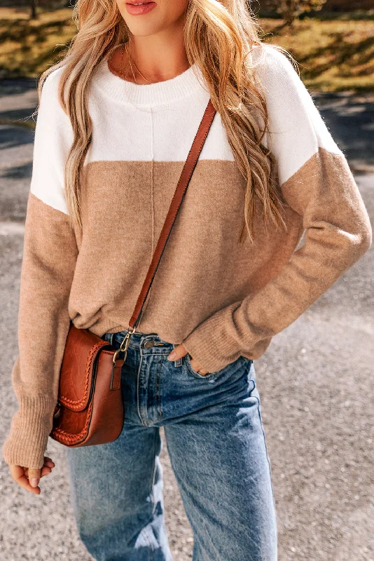 Straw Yellow Colorblock Ribbed Trim Round Neck Sweater Stylish Fashionable Trendy