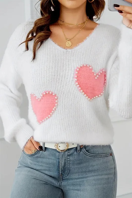 Pearl Beaded Heart Pattern Fuzzy V Neck Sweater Soft Cozy Warm