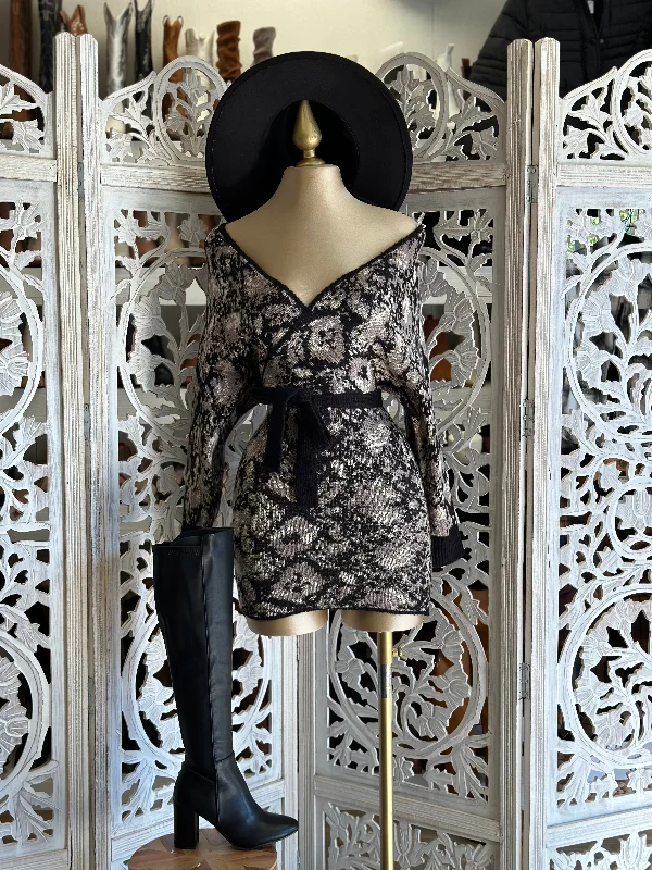 Cross Front Marble Sweater Dress Boat Neck Shawl Collar Notched Collar