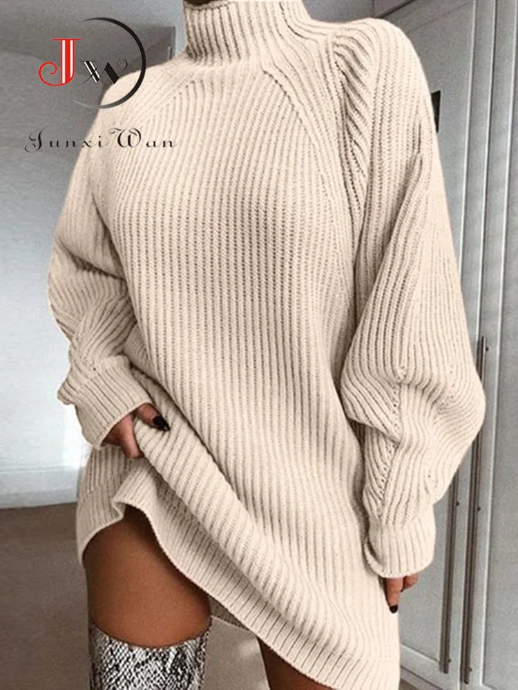 Women Turtleneck Sweater Dress Autumn Solid Long Sleeve Casual Elegant Mini Oversized Knitted Dress Winter Clothes Fleece Sweater Nylon Polyester