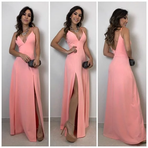 A-lien v neck pink long prom dress , open back prom dress cg5449