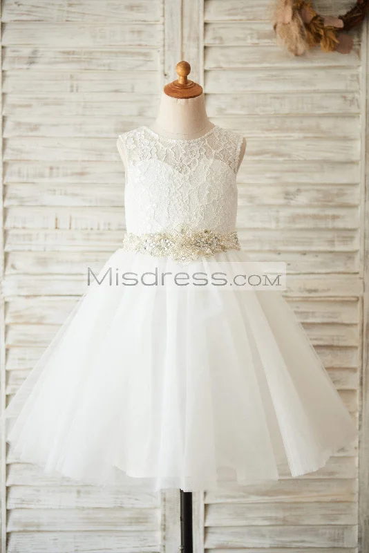 Princess Ivory Lace Tulle Sleeveless Wedding Flower Girl Dress, Beaded Belt